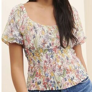 ANTHROPOLOGIE Aurelia Smocked Peplum Top Floral Short Sleeve Women m boho casual